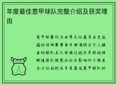 年度最佳意甲球队完整介绍及获奖理由